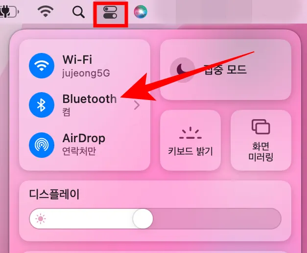 상단 메뉴의 컨트롤 센터에서 Bluetooth를 선택합니다.