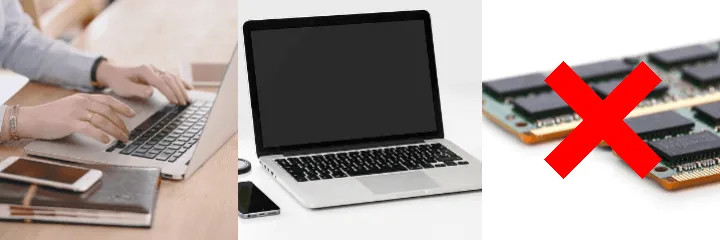 왼쪽 맥북을 사용하고 있는 사람, 중앙 맥북 모습, 오른쪽 메모리에 엑스 표가 되어 있다.